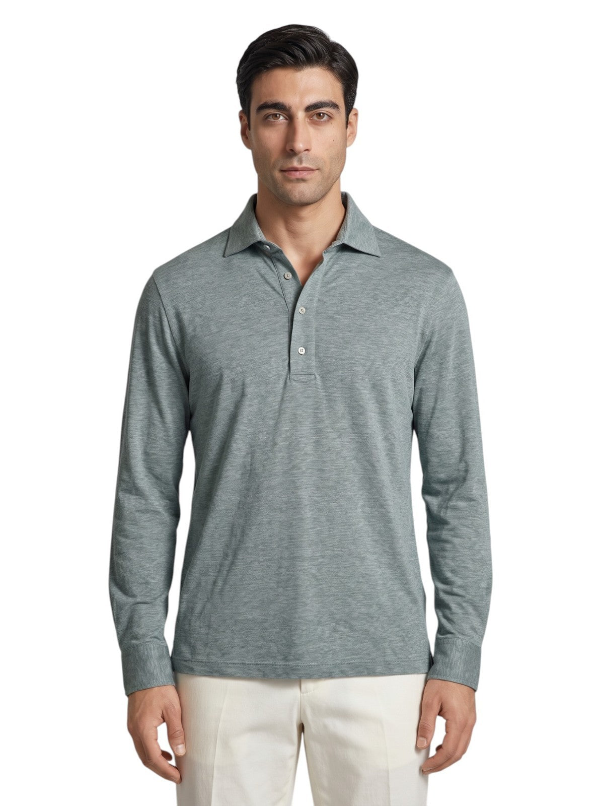 850$ ISAIA NAPOLI Green Handmade Polo Long Sleeve Linen - Cotton Size M