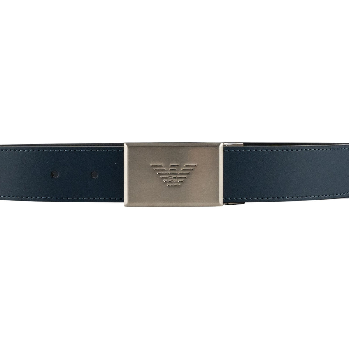 420$ GIORGIO ARMANI Belt Blue Black Leather Logo Plaque Buckle Reversible Sz 75