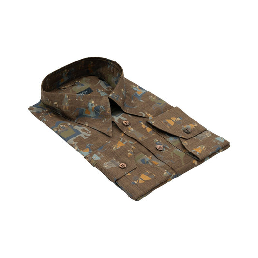 1400$ LUXURY MAROL BOLOGNA "Samurai" Point Collar Shirt Brown 100% COMO SILK