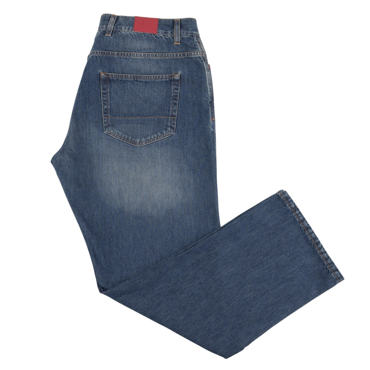 795$ ISAIA NAPOLI "Forcella" Blue Denim Jeans Pant Cotton - Leather Tag Wide Leg