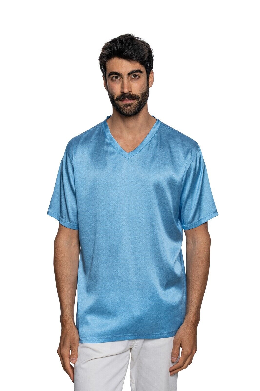 750$ ITALO FERRETTI T-Shirt Blue "V-Neck" 100% Silk COMO Satin Size XL BIJAN