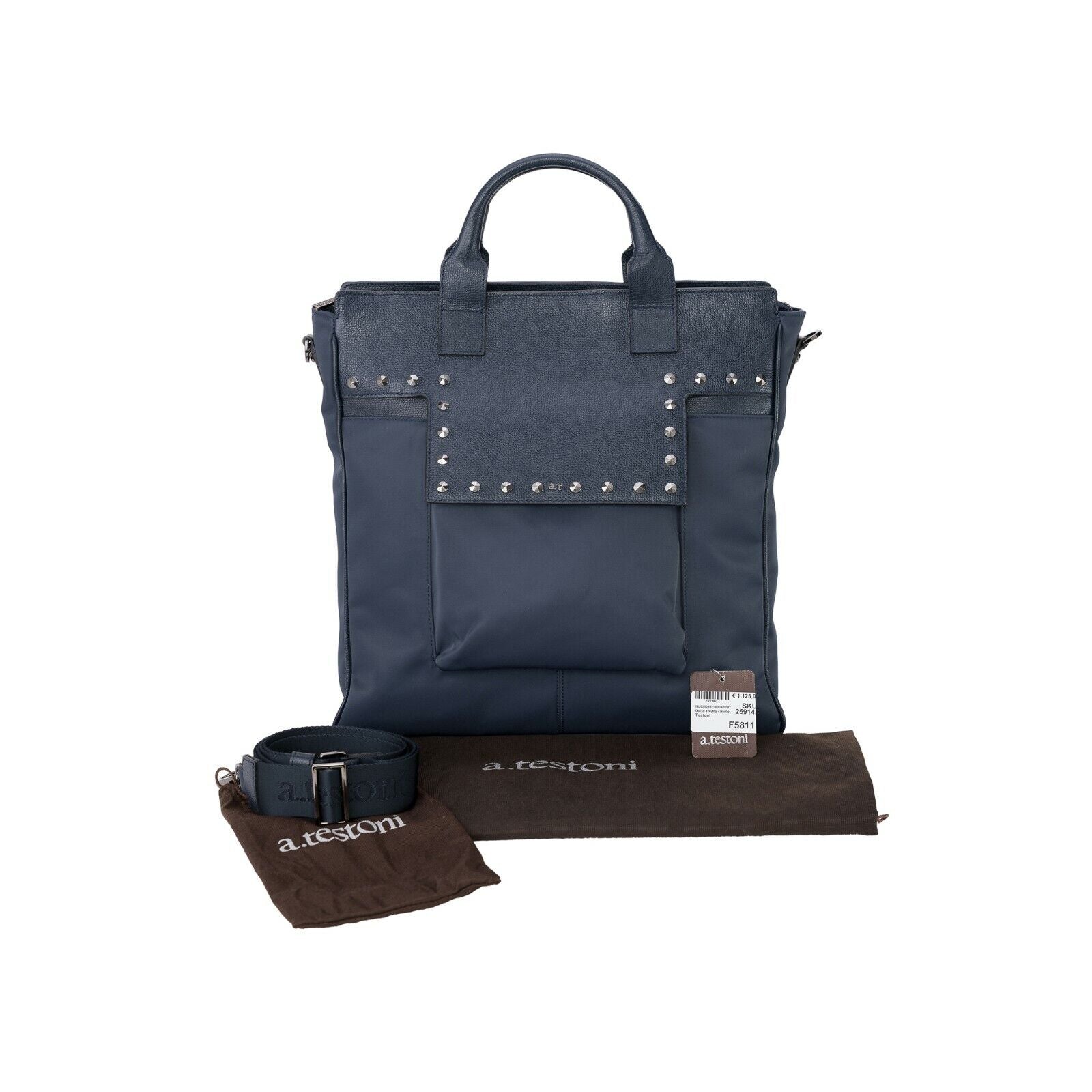 $1340 Testoni Bologna Shopping Bag with Studs Blue Karibu Calf + Fabric