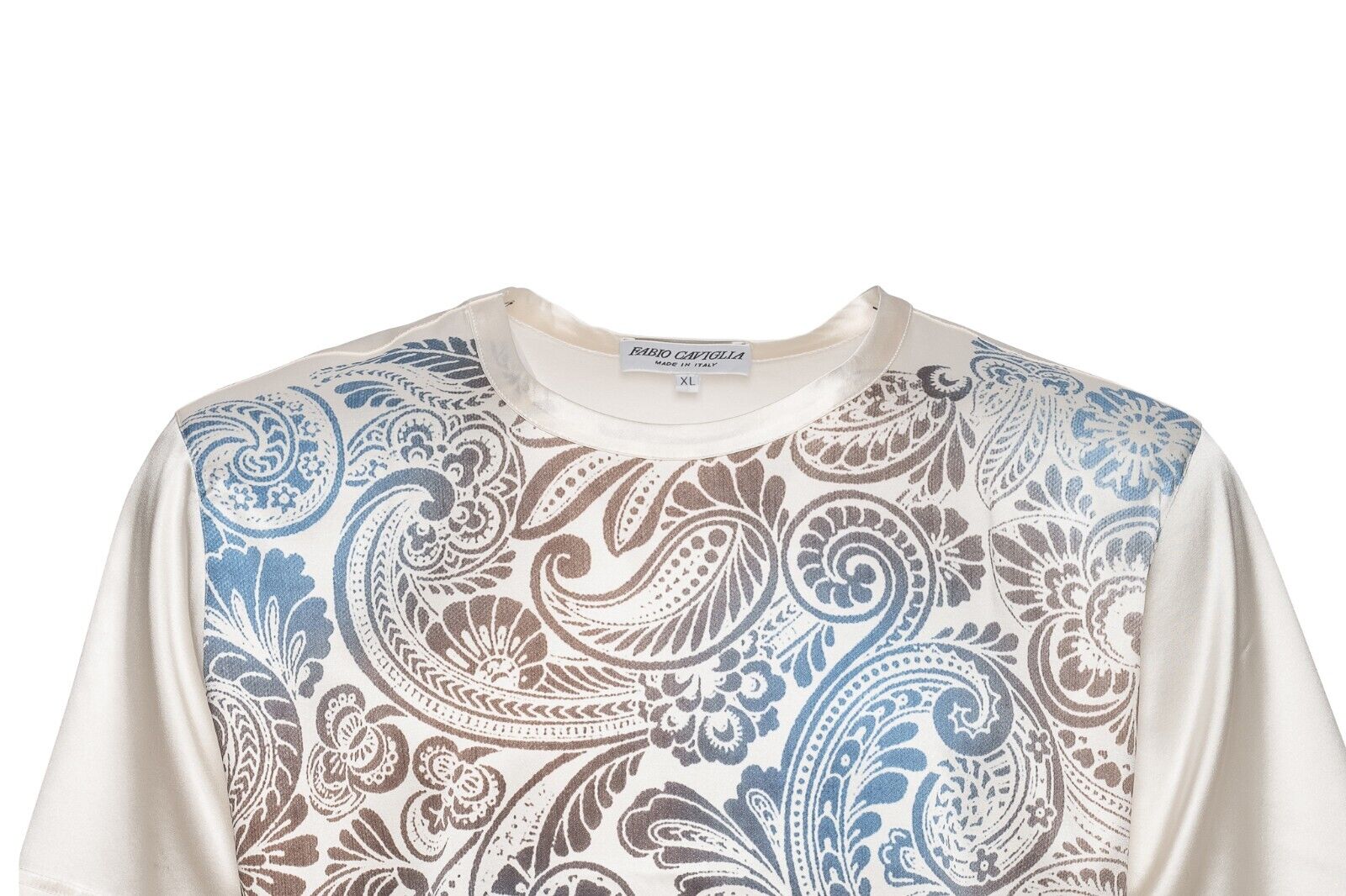 750$ LUXURY FABIO CAVIGLIA T-Shirt White "PAISLEY" 100% Silk COMO STRETCH