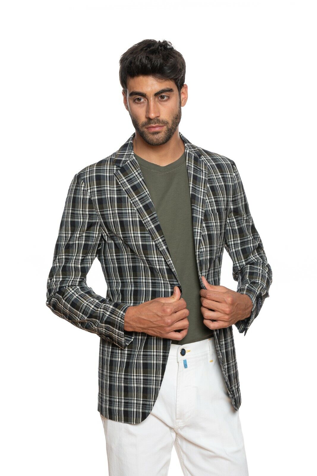 1490$ BELVEST Summer Jacket Checks Ultra Light Wool Gray / Blue / Green Drop 8