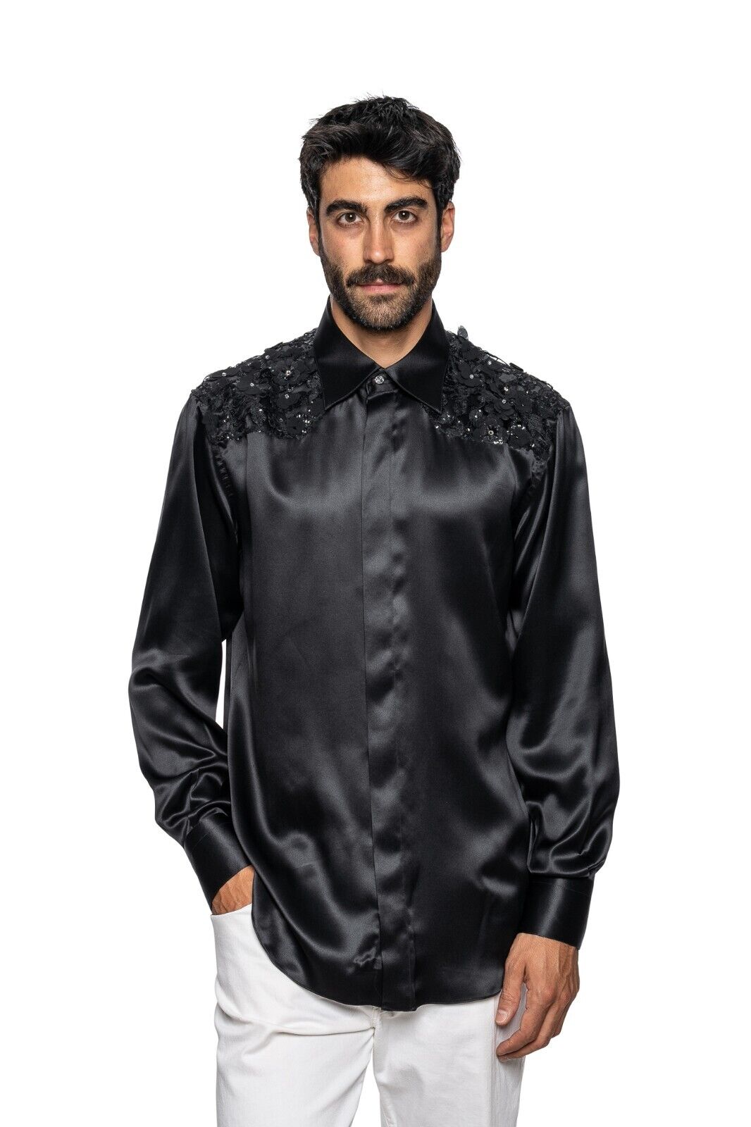 1600$ ITALO FERRETTI " FLOWER EMBROIDERED " Shirt Black 100% Silk 16 - 41 BIJAN