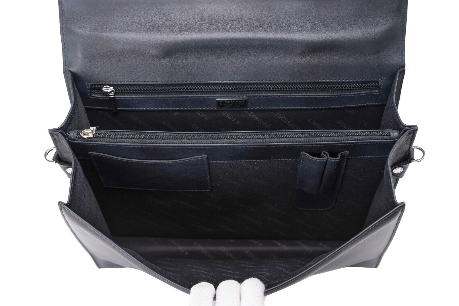 $1390 Testoni Bologna Briefcase PC Case Luxury Black TAMPONATO Calf