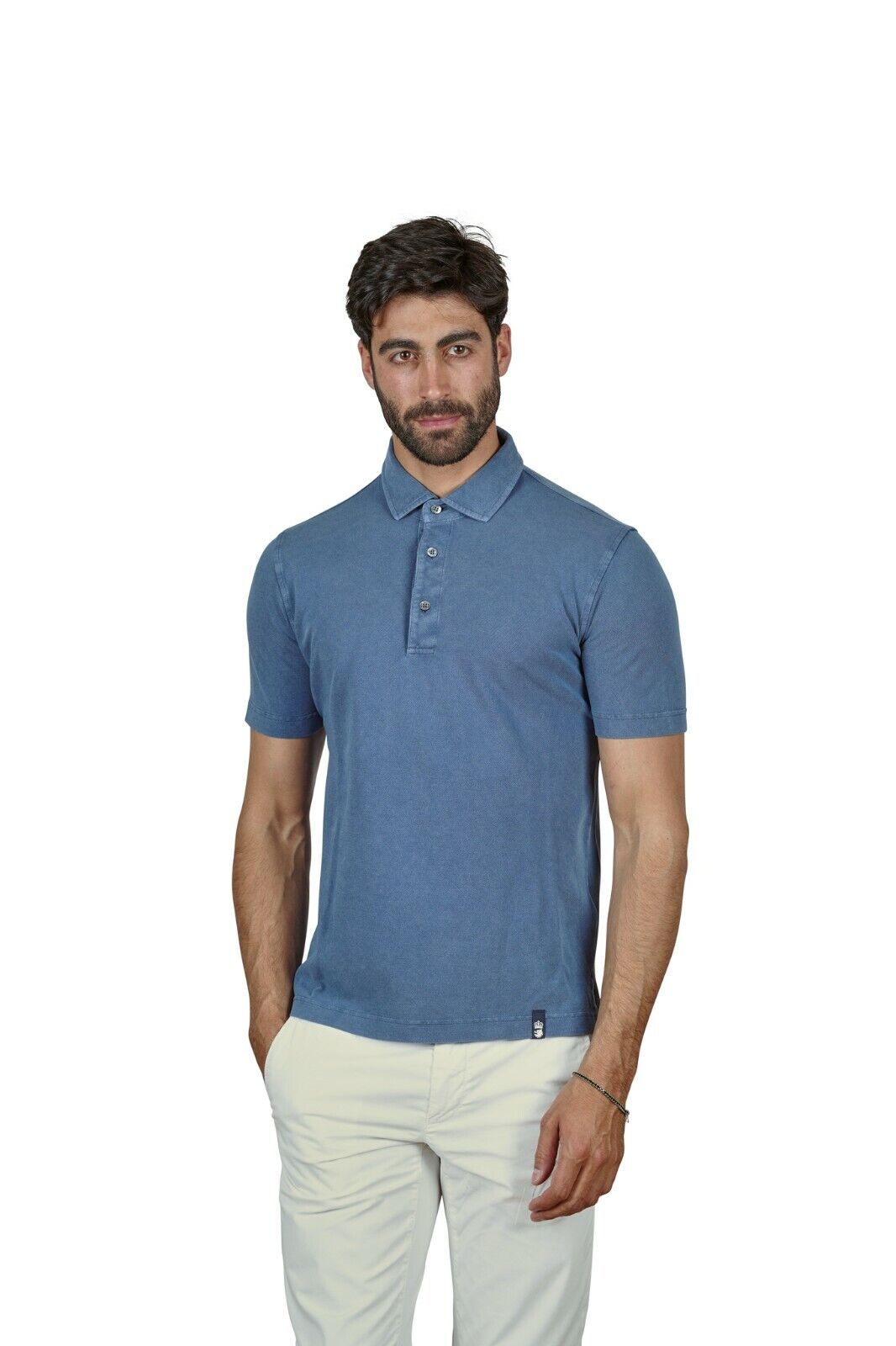 179$ Italian Luxury Knitwear DRUMOHR Polo Shirt Cotton Piquet Washed Blue Size S
