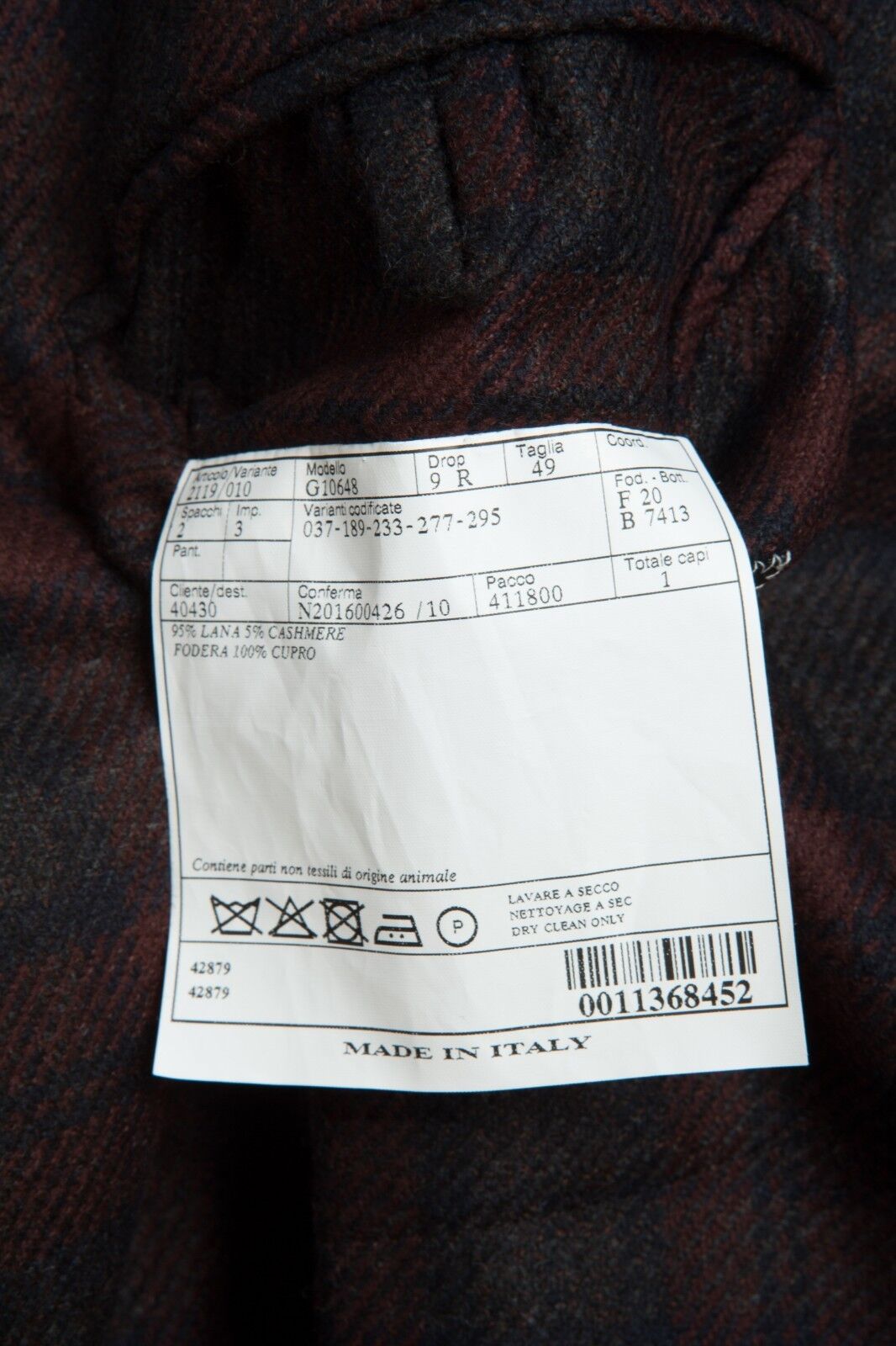 $2450 BELVEST Burgundy Blue Check Wool Cashmere Jacket 39 US 49 EU Drop 9R Slim