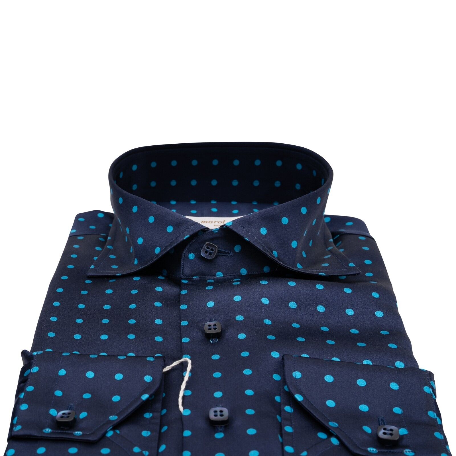 1400$ LUXURY MAROL BOLOGNA Dots Shirt Blue 100% COMO SILK Satin 15.75 - 40