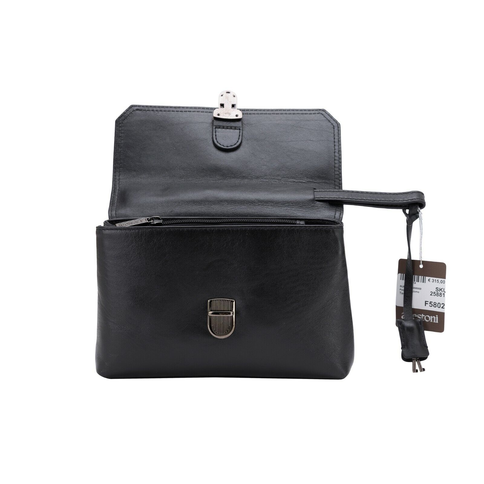 $390 Testoni Bologna Bright Black Light Calf Hand Clutch Bag Padlock with Keys