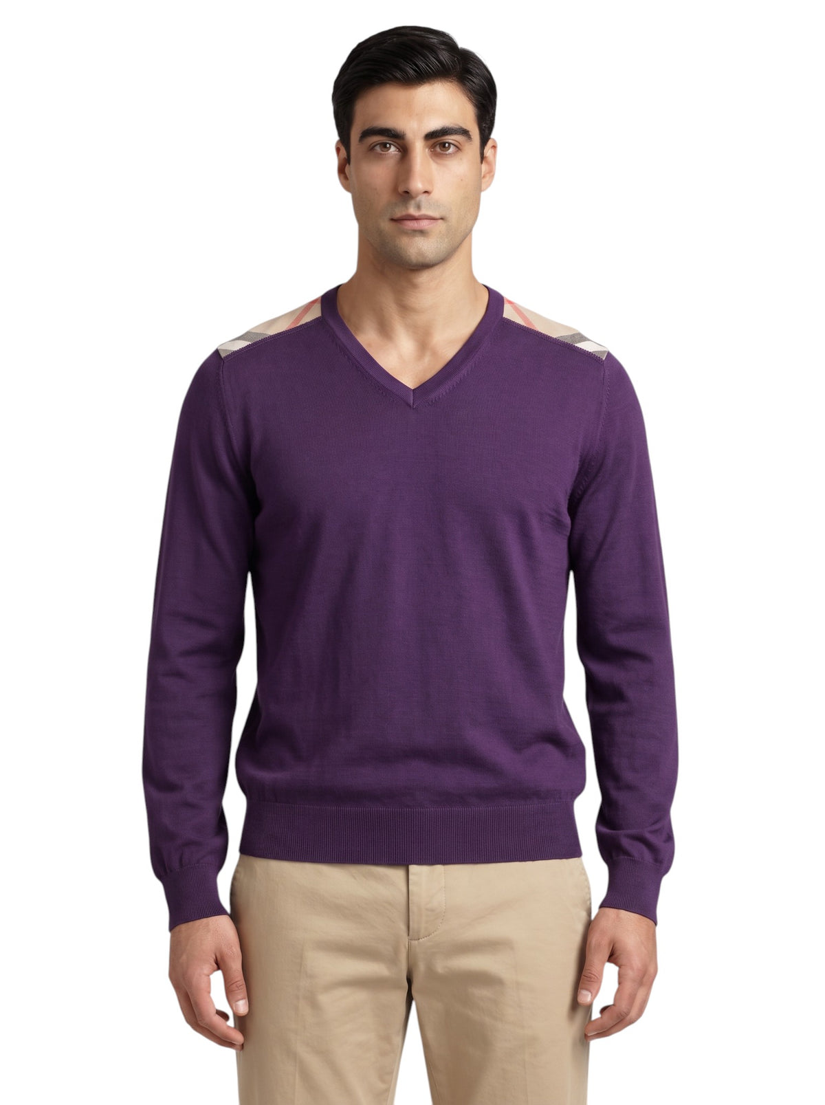 BURBERRY Magenta Purple Sweater V-Neck 100% Cotton
