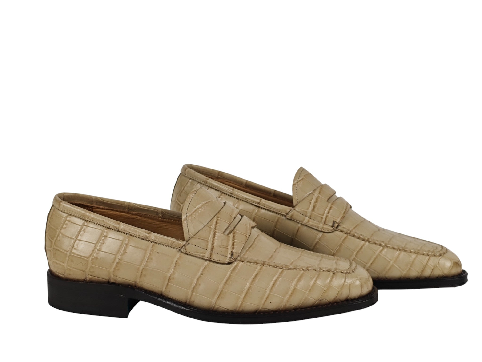 SUTOR MANTELLASSI Beige Goodyear Penny Loafer Shoes 100% Alligator