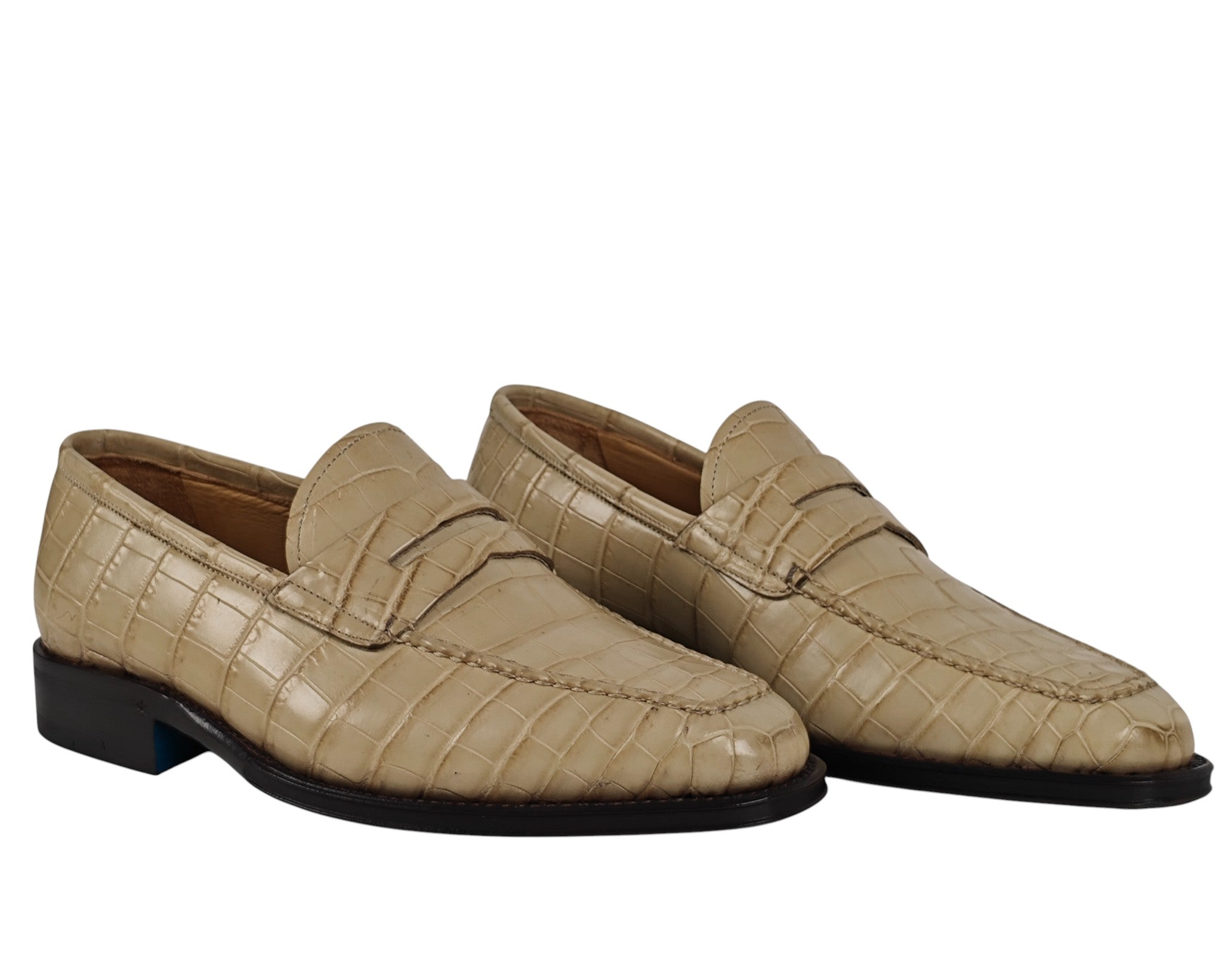SUTOR MANTELLASSI Beige Goodyear Penny Loafer Shoes 100% Alligator