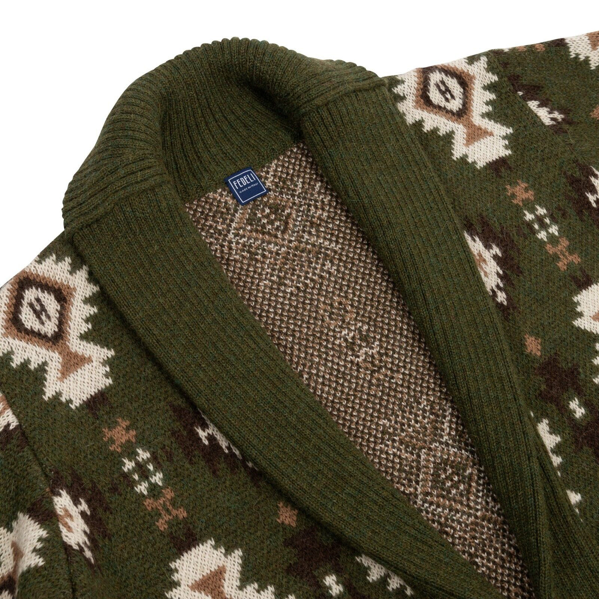 $2200 FEDELI CASHMERE Green Belted Cardigan Jacquard Baby Alpaca 40 US / 50 EU