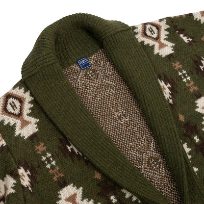 $2200 FEDELI CASHMERE Green Belted Cardigan Jacquard Baby Alpaca 40 US / 50 EU