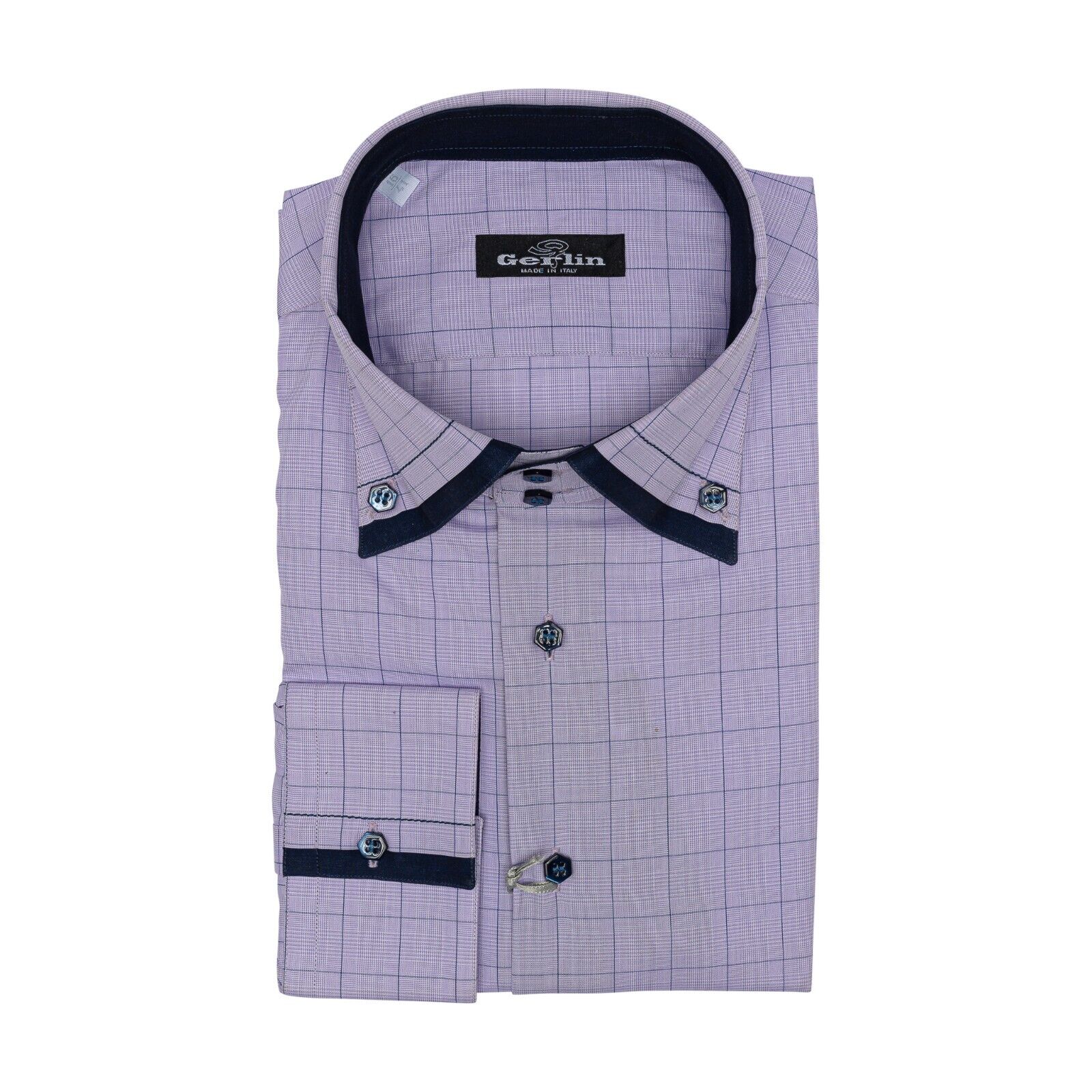 690$ LUXURY GERLIN Shirt POINT COLLAR Lilac Check Cotton 16  41 2D BIJAN