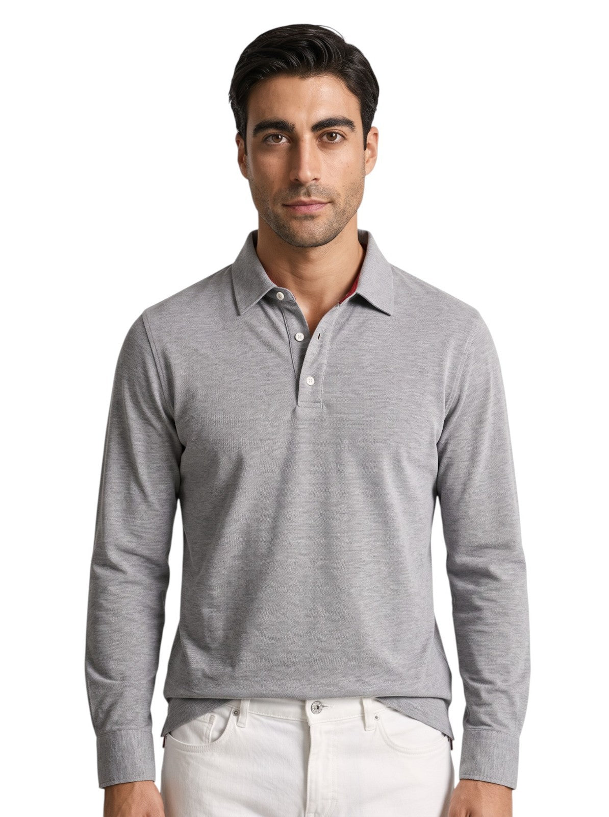600$ ISAIA NAPOLI Gray Handmade Polo Long Sleeve Cotton Jersey Size L