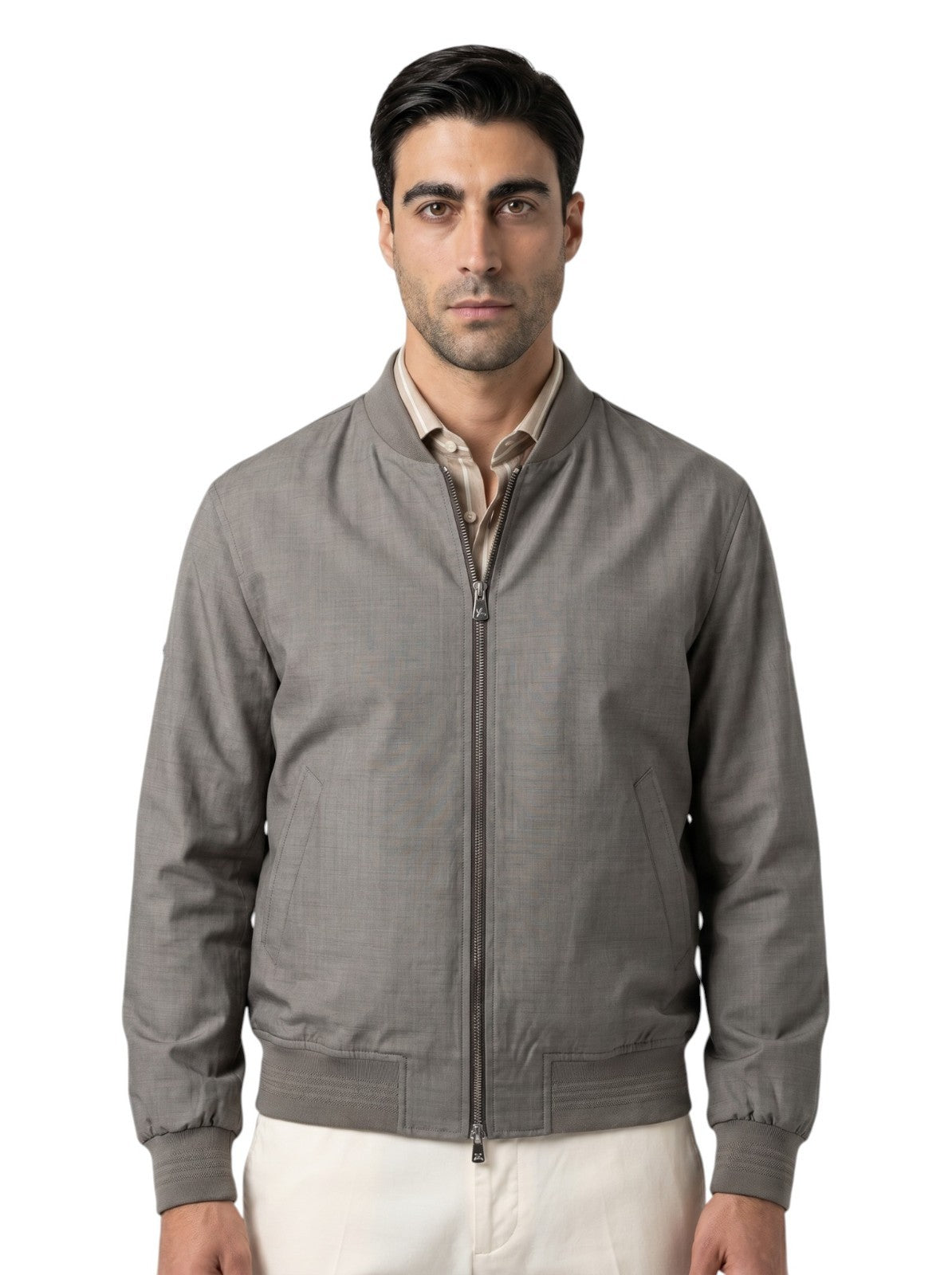 $3200 ISAIA NAPOLI Varsity Bomber Jacket Gray Techno Wool 44 US / 54 EU