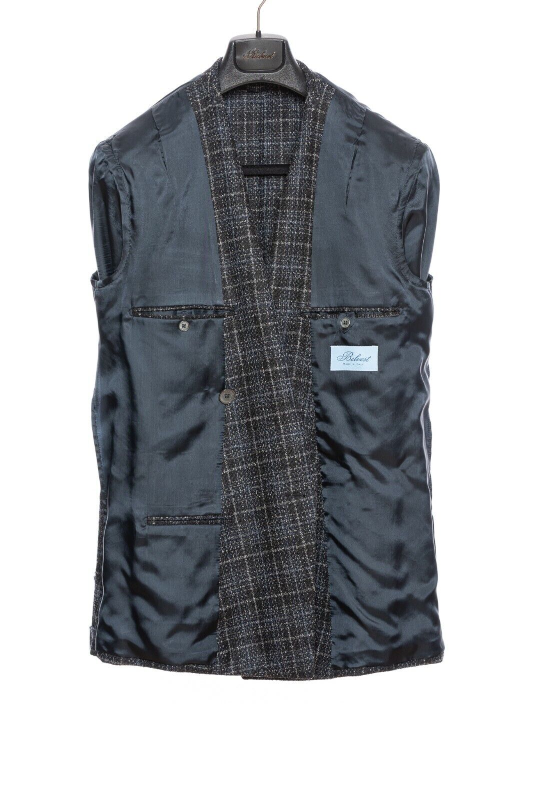$2245 BELVEST Check Dark Blue Wool Jacket Double Breasted US 40 / 50 EU  8R Slim