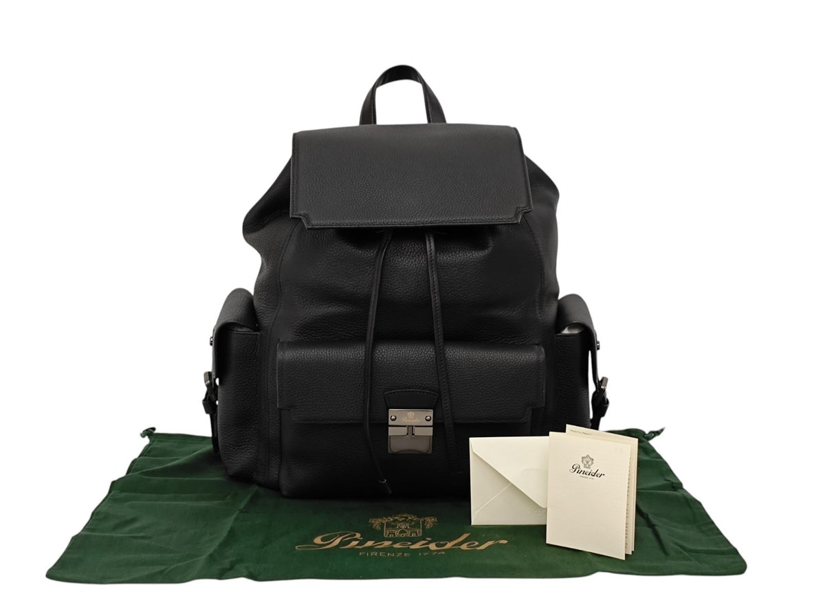 1990$ PINEIDER BOTTOLATO Grain Calf Multiple Backpack Travel Weekender Black XL