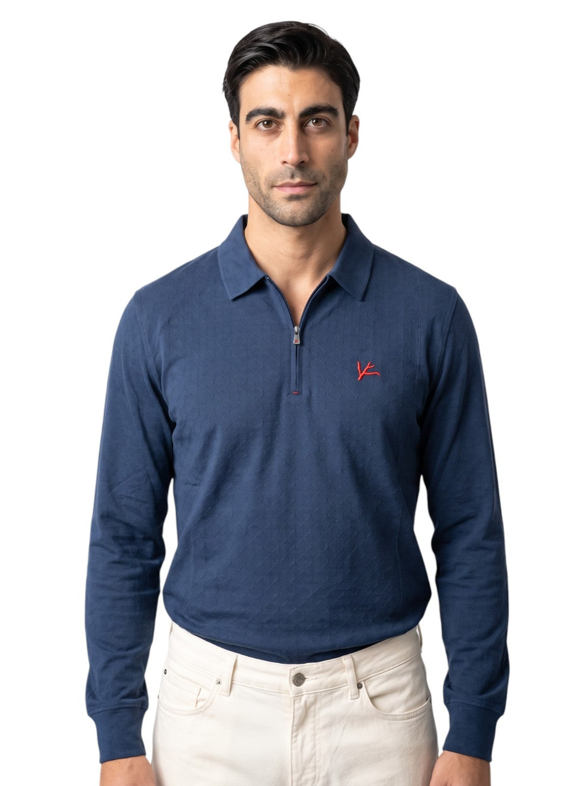 1100$ ISAIA NAPOLI Jaquard Soft Cotton Silk Short Sleeve Zip Polo Blue