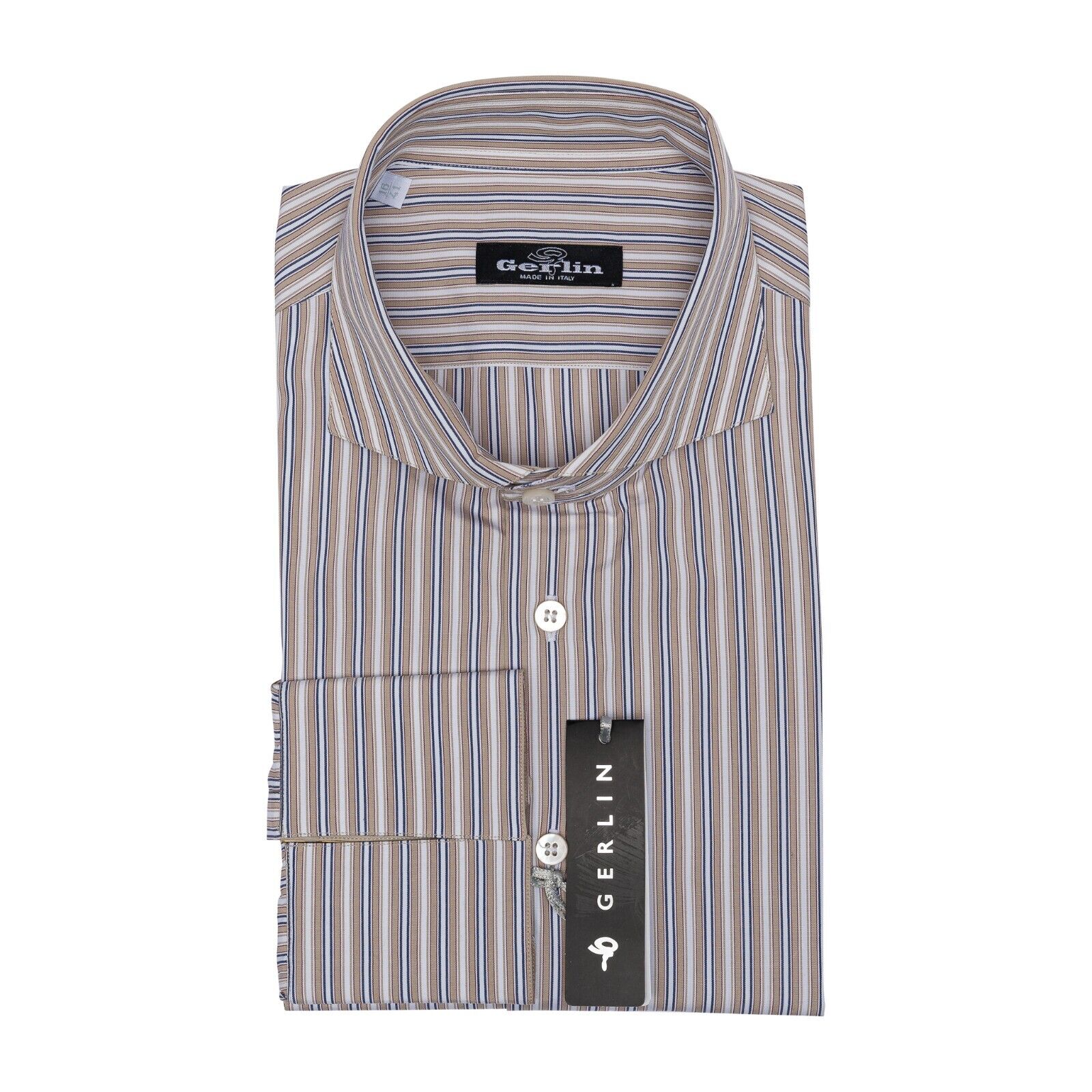 690$ LUXURY GERLIN Shirt "CAPRI" Striped Beige Cotton 16 - 41 - 1M BIJAN