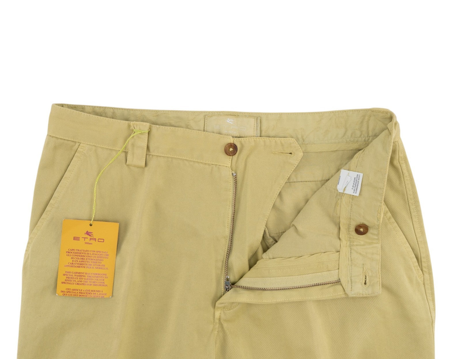 750$ ETRO MILANO Washed Yellow Cotton Twill Pant Straight Leg 30 US / 46 EU