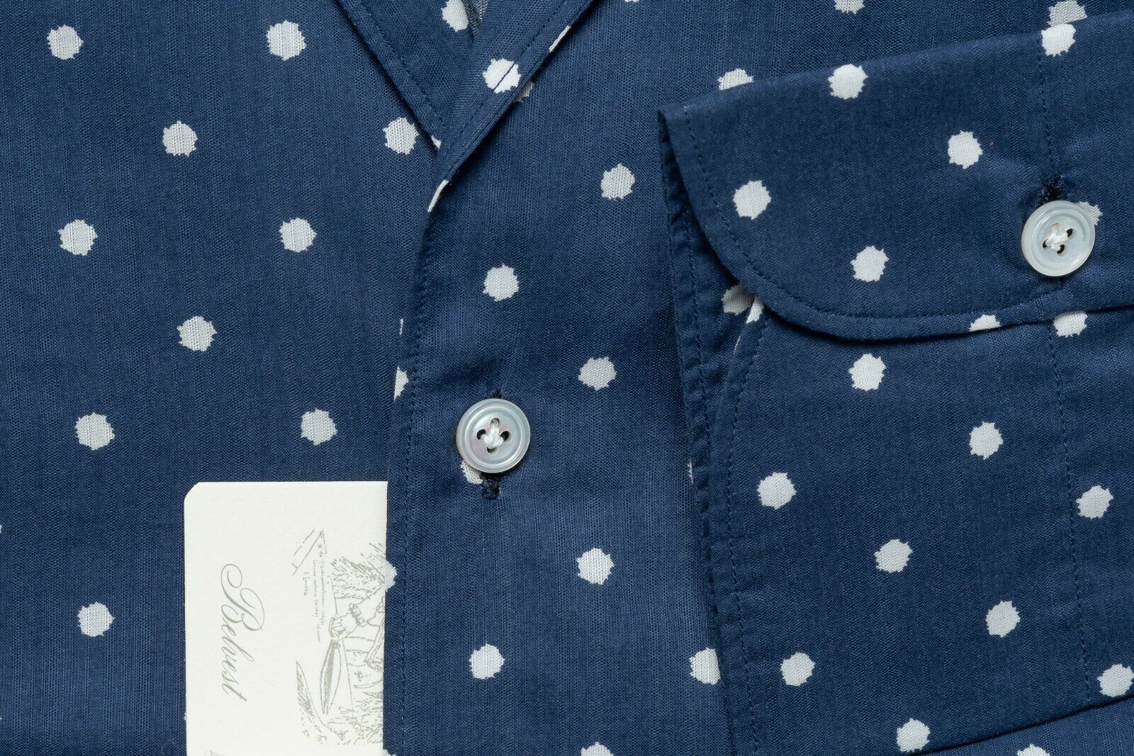 350$ BELVEST by FINAMORE Blue Geometric Camp Collar Shirt 7 Passages Hand-Sewn