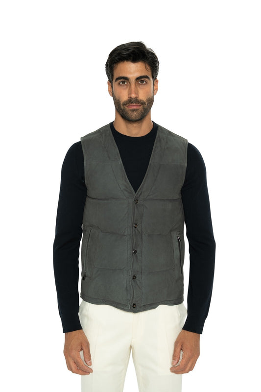 4200$ ISAIA NAPOLI Slate Green Padded Vest Jacket Lambskin Leather 38 US / 48 EU