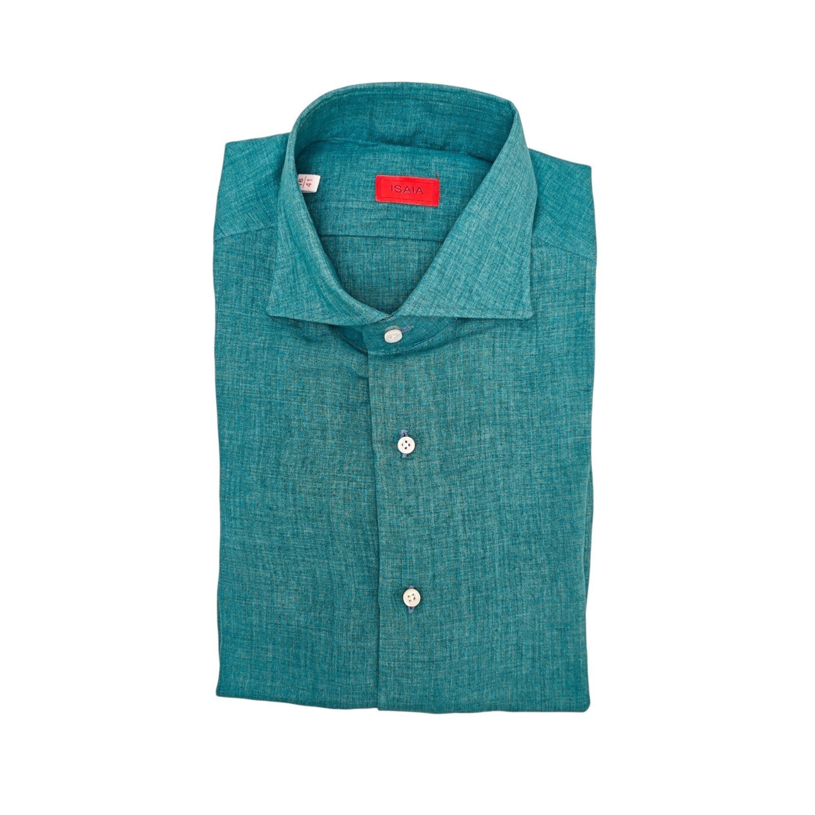 775$ ISAIA NAPOLI "Mix" Emerald Green Solid Dress Shirt Hand-Sewn 100% Linen