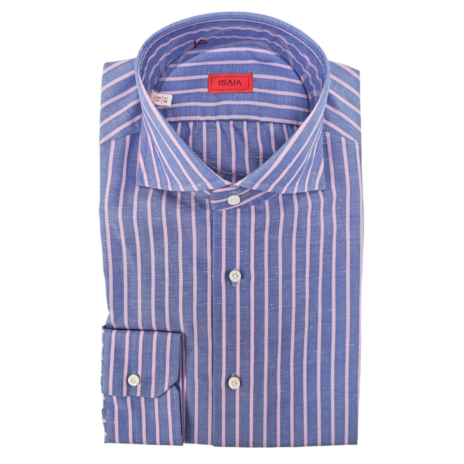760$ ISAIA NAPOLI "Mix" Dress Shirt Blue Striped Cotton - Linen 16 - 41