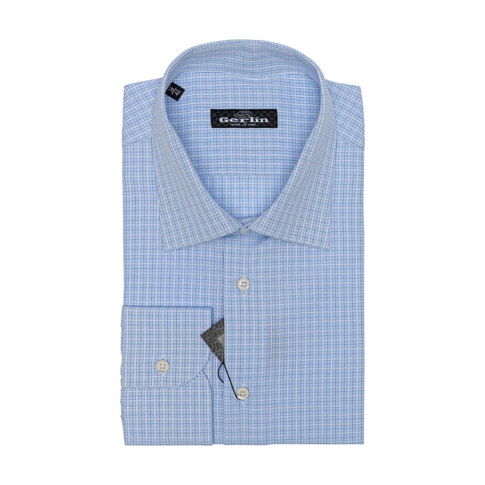 690$ LUXURY GERLIN Shirt Checks Light Blue ALUMO Cotton 16 - 41 4G ZILLI