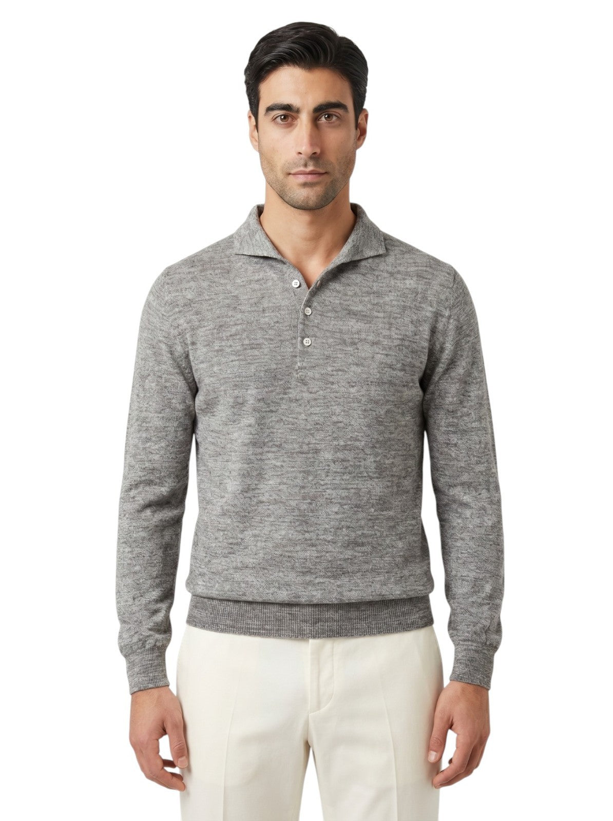 1650$ ISAIA NAPOLI Gray Beige Polo Sweater Knit Soft Cashmere - Silk - Linen  M