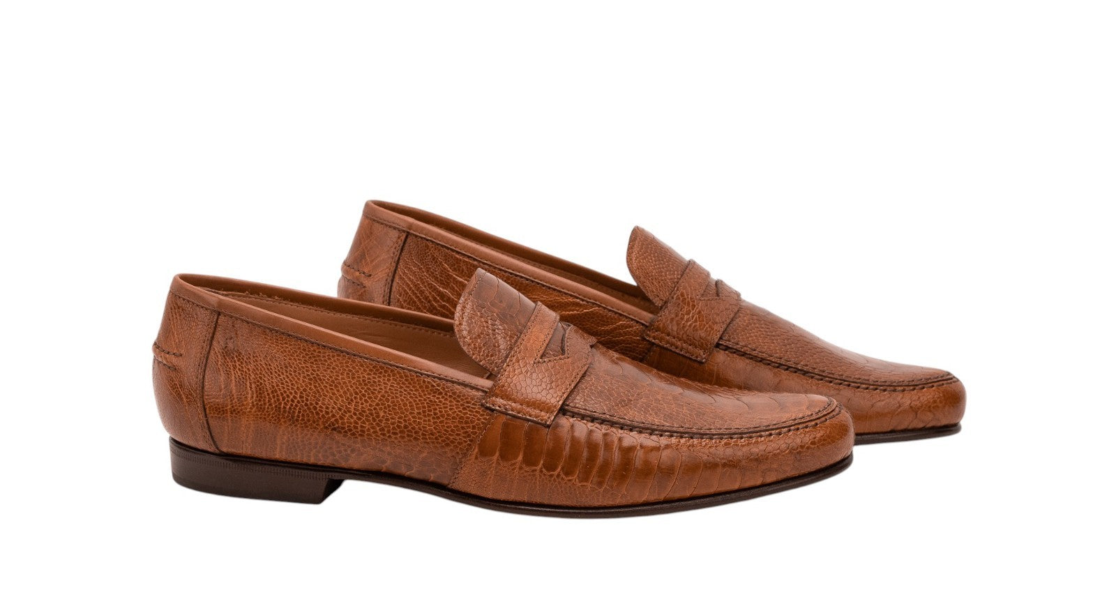 CORTINA Penny Loafers Shoes Cognac 100% Ostrich Leather 9 UK / 10 US / 43 IT