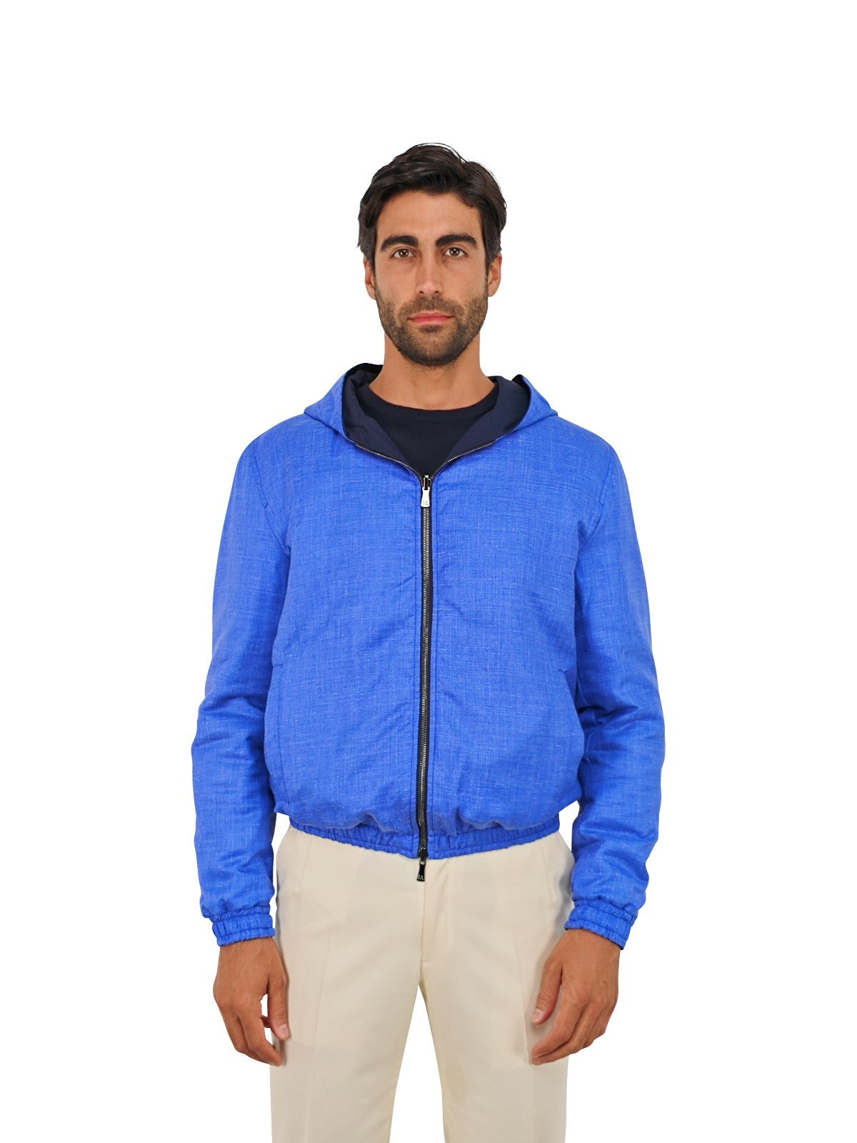 $3400 ISAIA NAPOLI Blue Reversible Hooded Bomber Jacket Wool Blend 40 US 50 EU