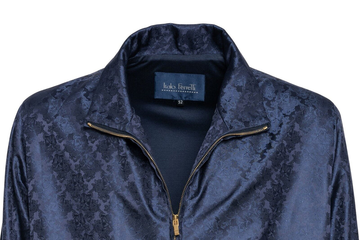 2000$ ITALO FERRETTI Bomber Jacket Blue "DAMASK" 100% Silk 42 US / 52 EU BIJAN
