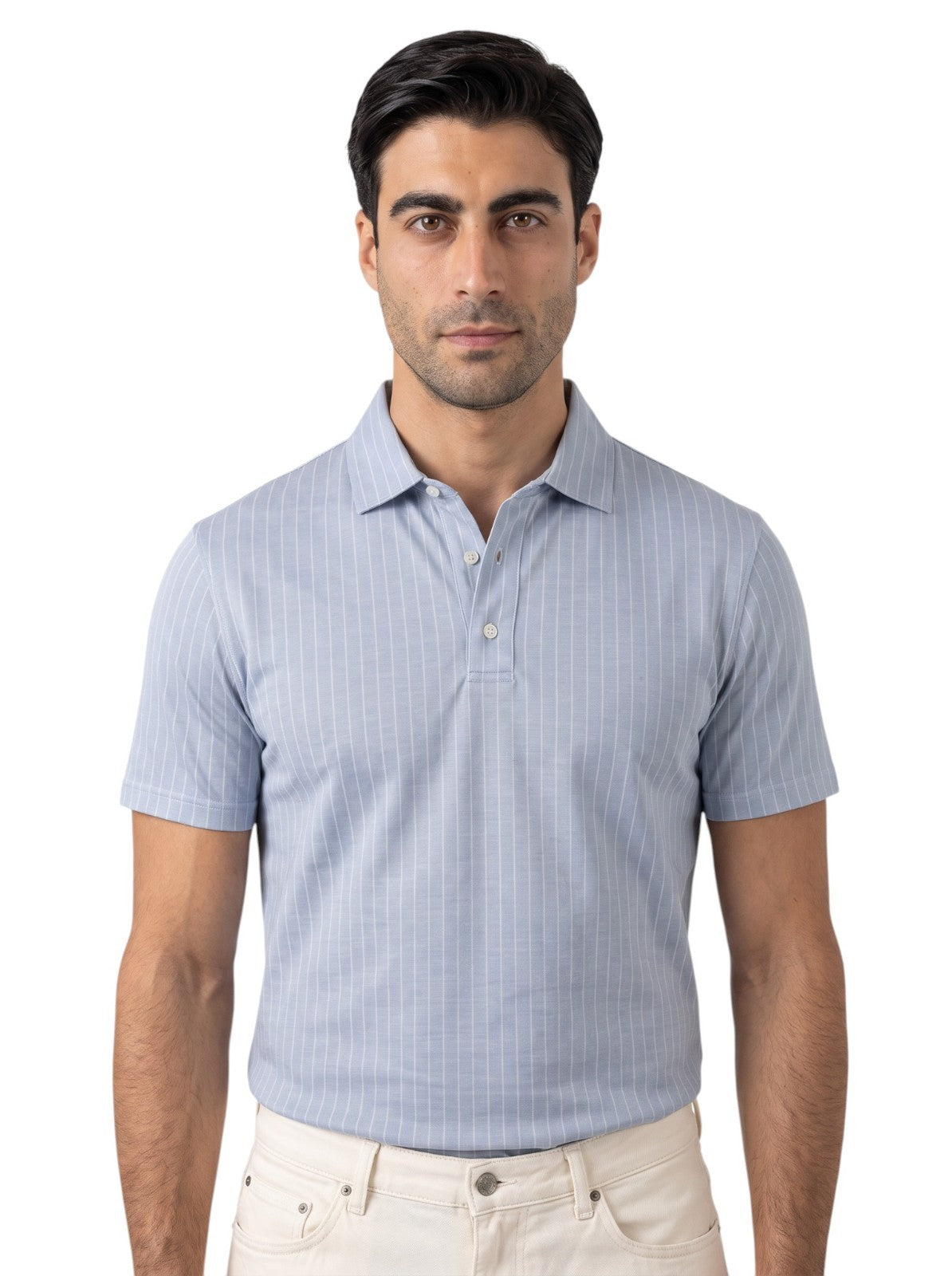 595$ ISAIA NAPOLI Jersey Cotton Stretch Short Sleeve Polo Light Blue Striped