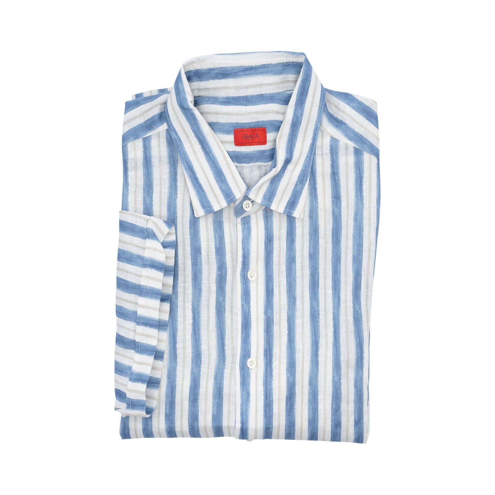 690$ ISAIA NAPOLI Blue Striped Mix Hand-Sewn Casual Shirt 100% Linen 18 - 46