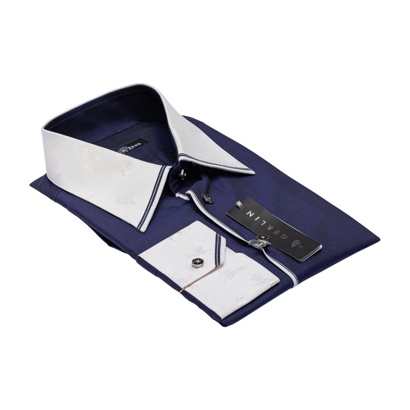 750$ LUXURY GERLIN Shirt "LIONS" Blue ALUMO Cotton 16 - 41 6P BIJAN