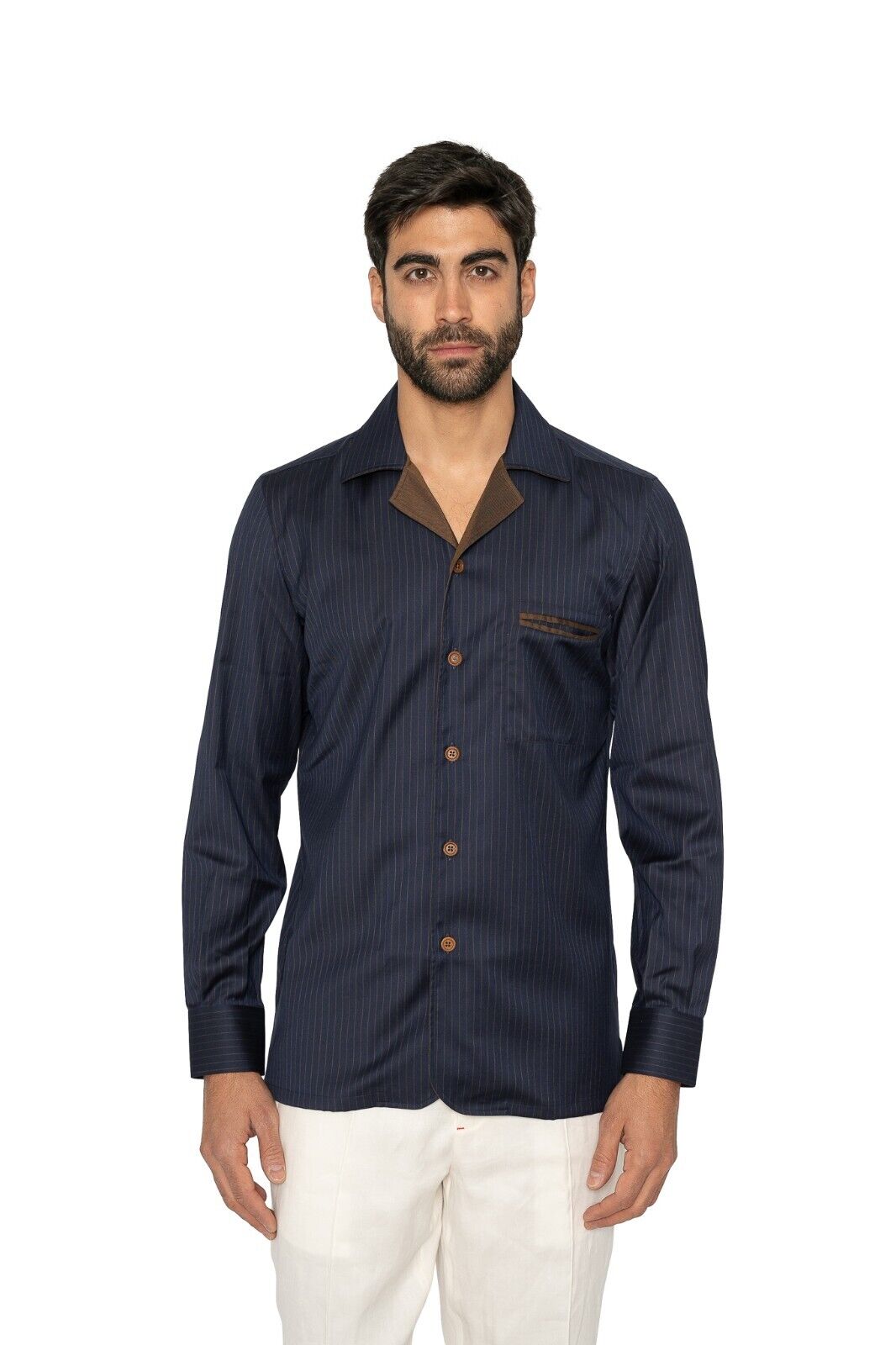 1400$ LUXURY MAROL BOLOGNA Striped Shirt Blue Double Cotton LORO PIANA 15.5 - 39
