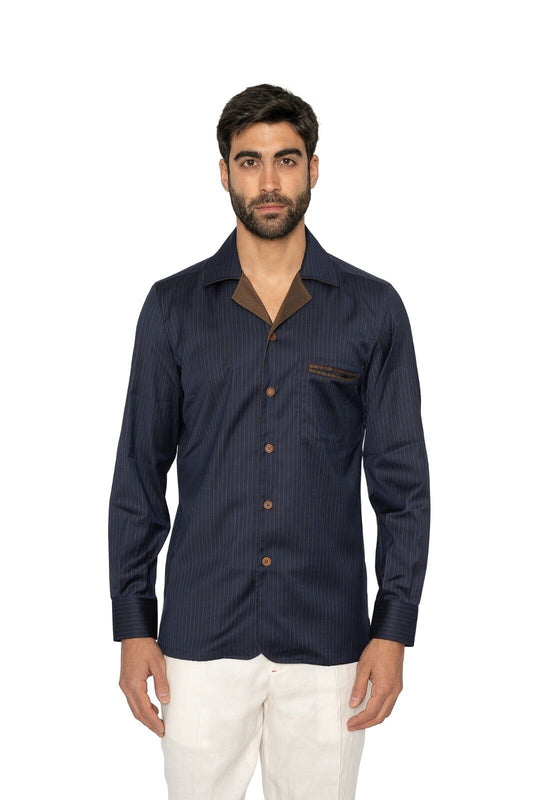 1400$ LUXURY MAROL BOLOGNA Striped Shirt Blue Double Cotton LORO PIANA 15.5 - 39