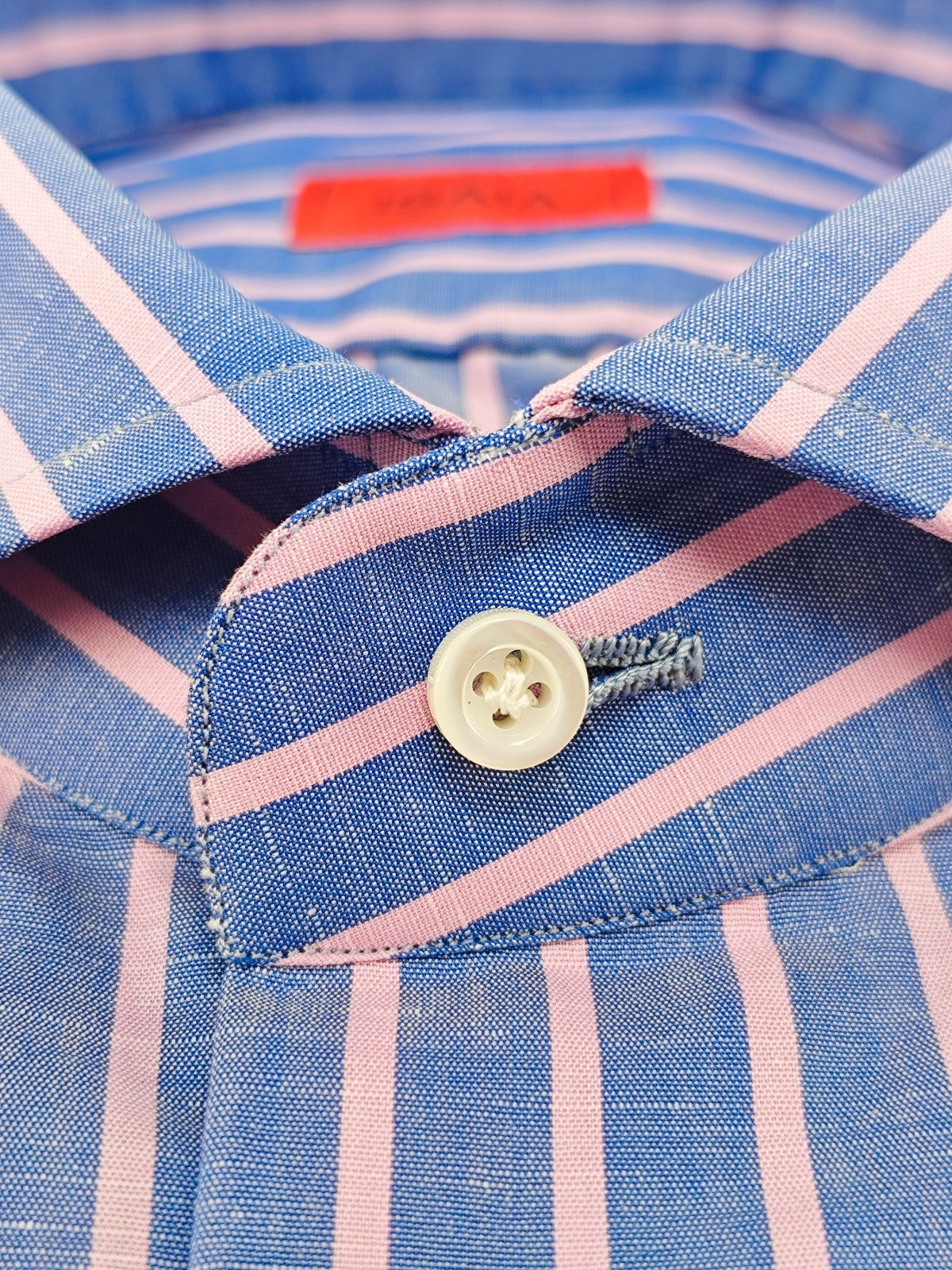760$ ISAIA NAPOLI "Mix" Dress Shirt Blue Striped Cotton - Linen 16 - 41