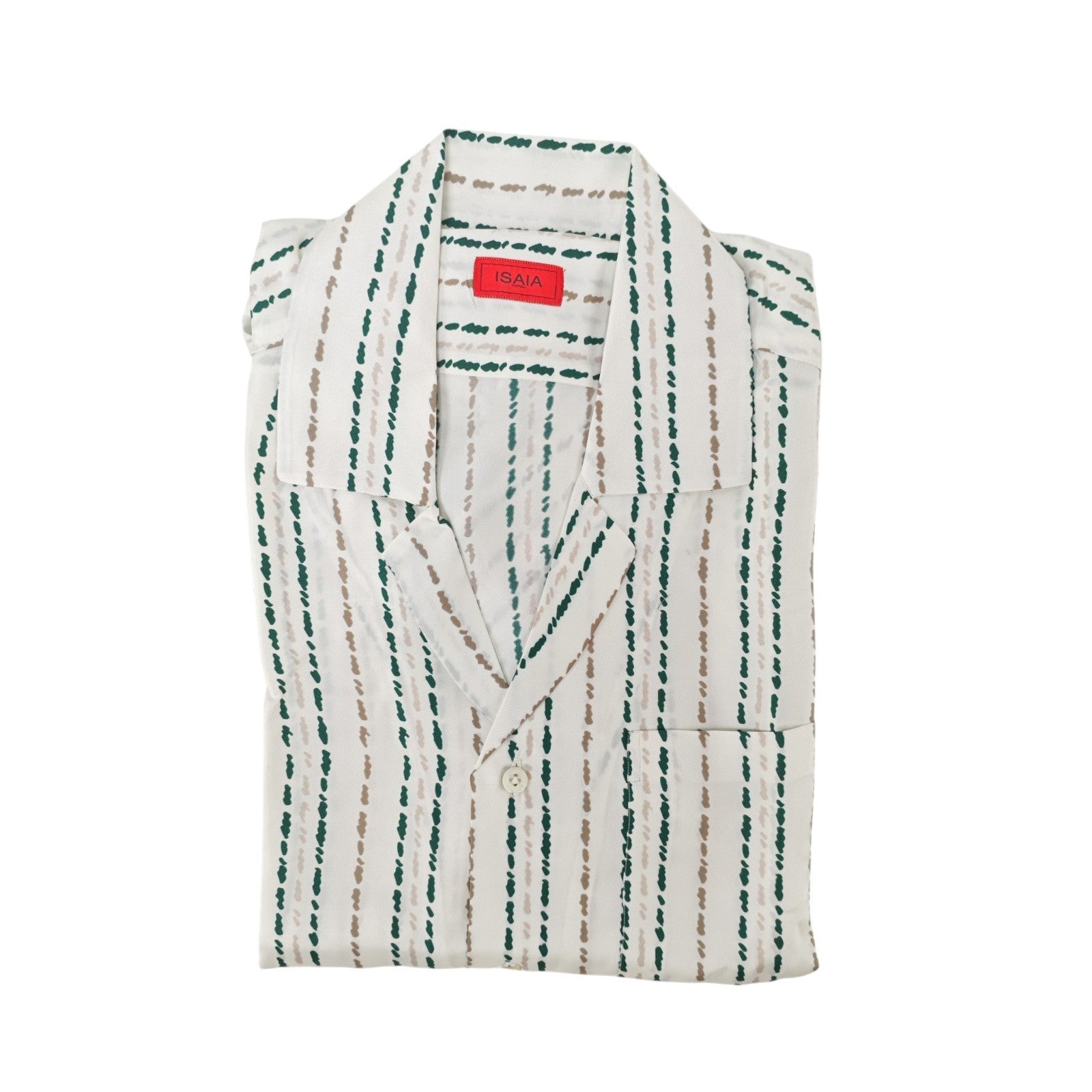 1385$ ISAIA NAPOLI Ivory Camp Collar Shirt Short Sleeve 100% Silk - Relaxed Fit
