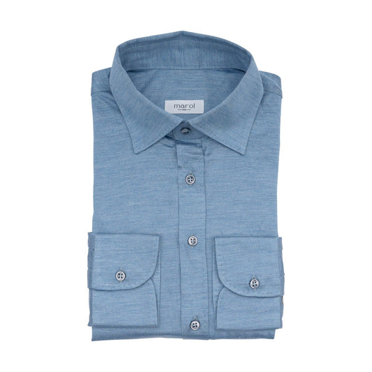 1400$ MAROL BOLOGNA Hand-Sewn Shirt Blue 100% COMO SILK Jersey  15.5 - 39