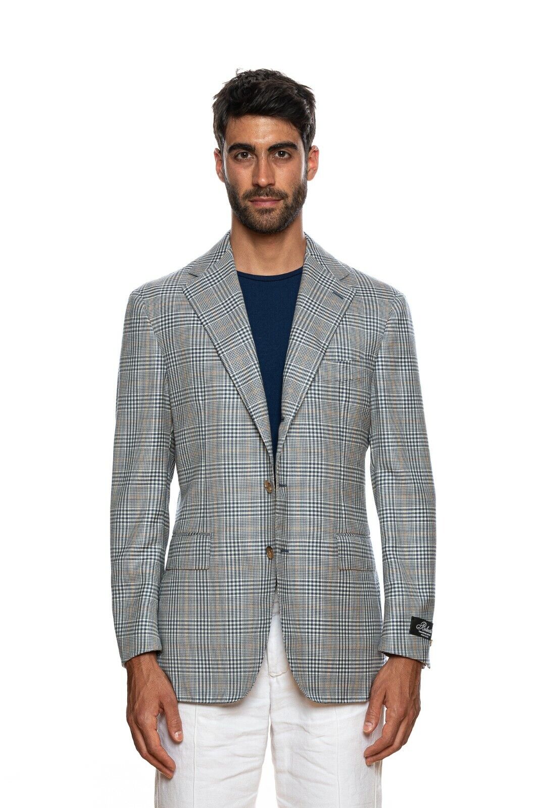 $2450 BELVEST Blue Cashmere Silk Prince of Wales Jacket Blazer 40 US / 50 EU  7R