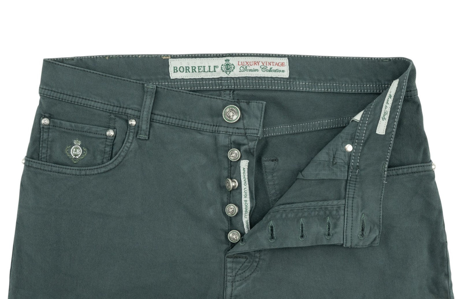 415$ LUIGI BORRELLI NAPOLI Green Pant Jeans Twill Denim Cotton 35 US / 51 EU