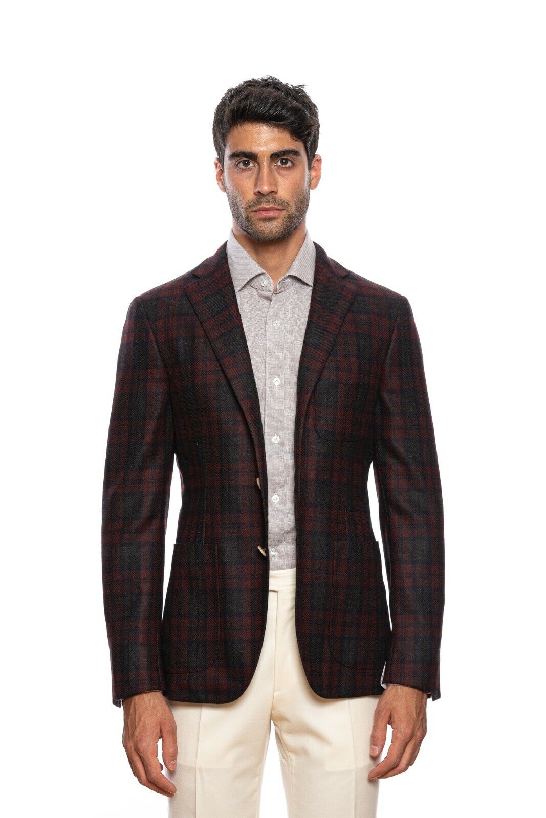 $2450 BELVEST Burgundy Blue Check Wool Cashmere Jacket 39 US  49 EU Drop 9R Slim