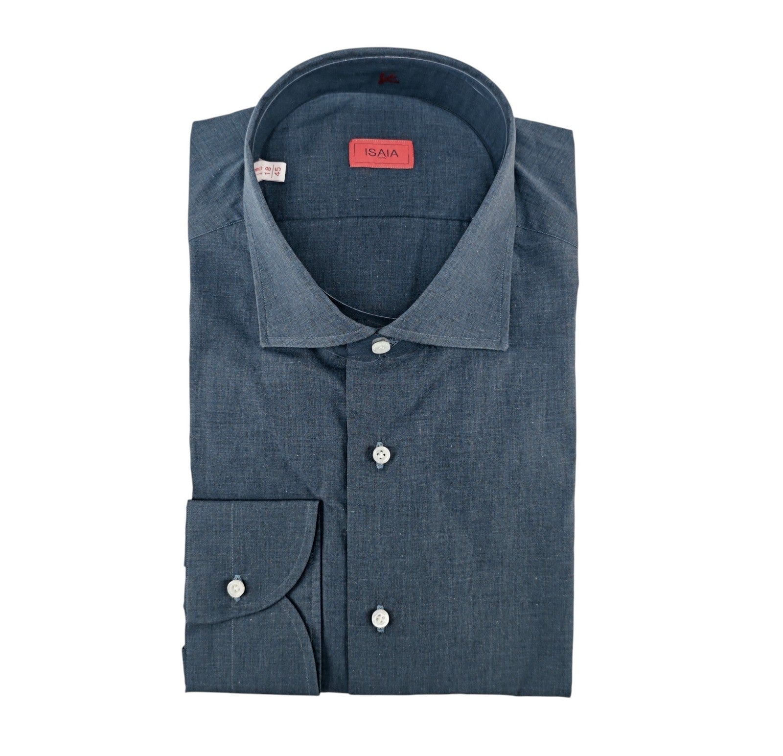 790$ ISAIA NAPOLI "Mix" Steel Blue Solid Dress Shirt Hand-Sewn Fine Cotton
