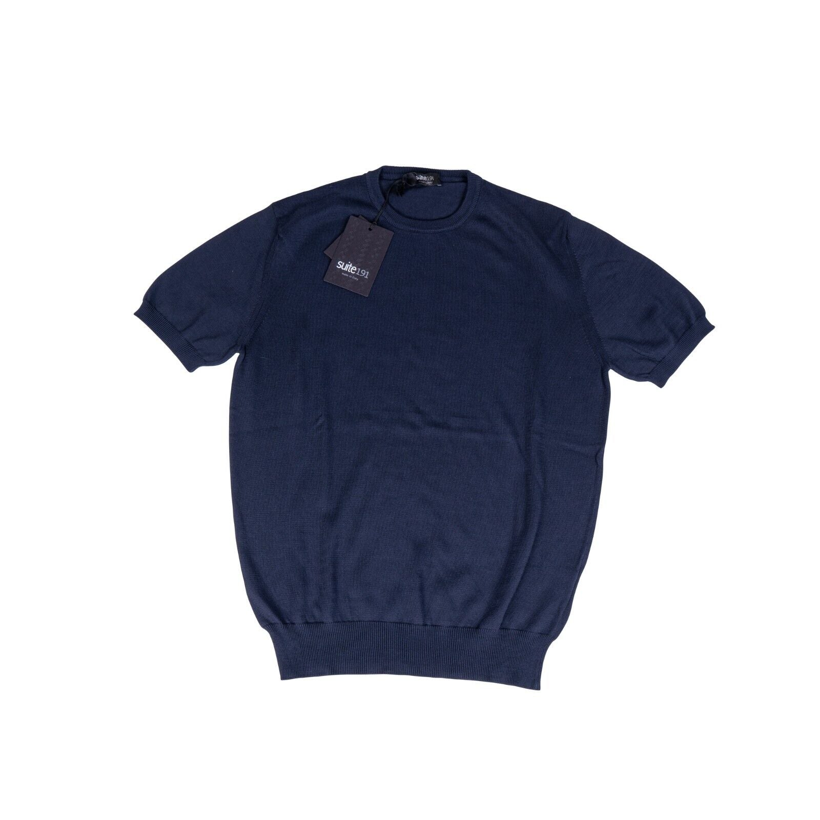 240$ Luxury Knitwear SUITE 191 Sweater Blue Navy Knit Cotton Short Sleeve