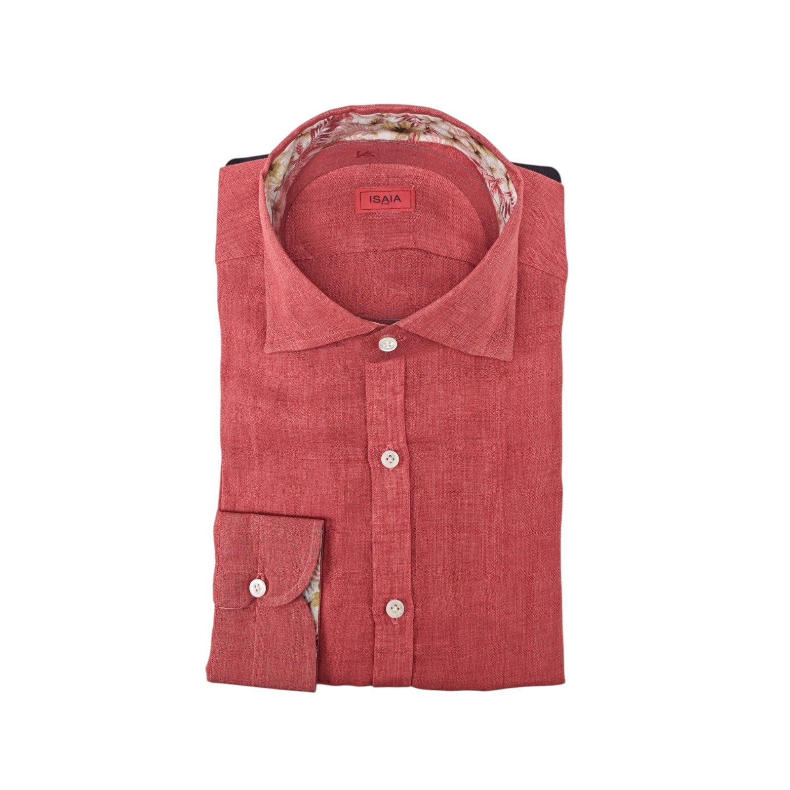 765$ ISAIA NAPOLI "Mix" Coral Red Dress Shirt Hand-Sewn 100% Linen 16.5 - 42